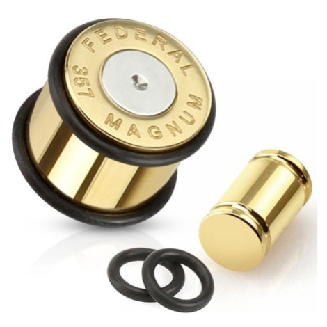 Ocelový plug do ucha, zlato-stříbrná nábojnice Magnum - Tloušťka : 8 mm Šperky eshop