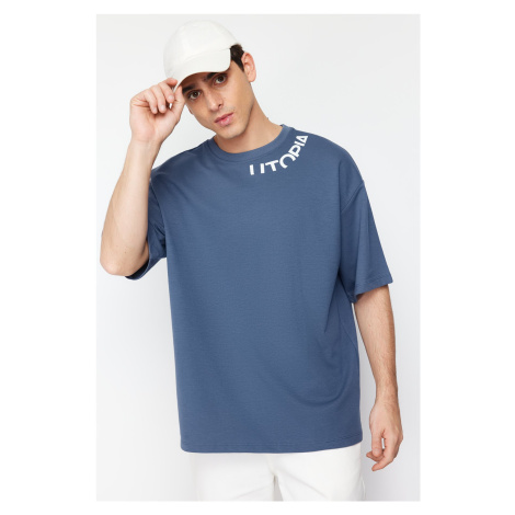 Trendyol Indigo Oversize Text Printed T-Shirt