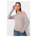 Trendyol Mink Boat Neck Off Shoulder Gathered Fitted Cotton Stretchy Knitted Blouse