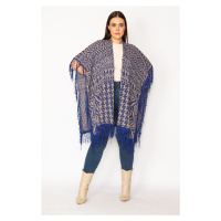 Şans Women's Plus Size Saxon Shawl Pattern Tassel And Silvery Detailed Thick Knitwear Poncho