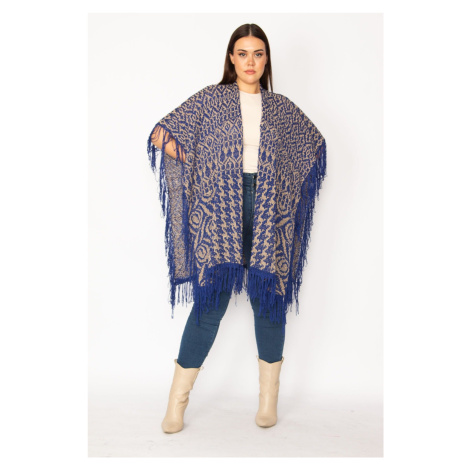 Şans Women's Plus Size Saxon Shawl Pattern Tassel And Silvery Detailed Thick Knitwear Poncho