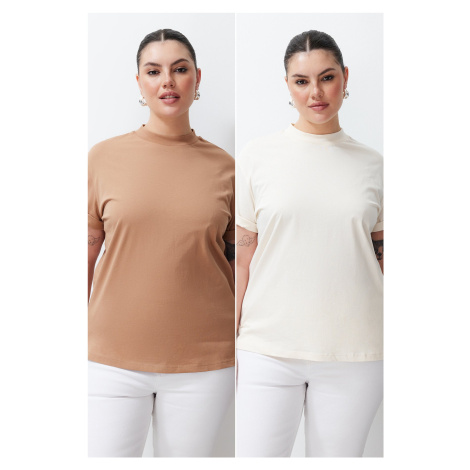 Trendyol Curve Beige-Mink 2-Pack 100% Cotton Basic Stand Collar Knitted T-Shirt