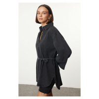 Trendyol Anthracite Oversize Tied Denim Shirt