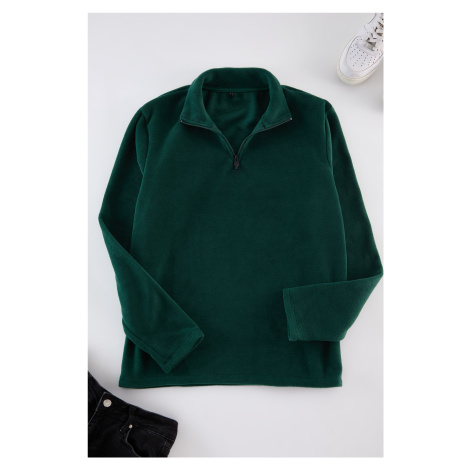 Trendyol Emerald Green Regular/Normal Cut Stand Collar Zippered Polar Fleece Warm Sweatshirt