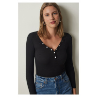 Happiness İstanbul Women's Black Buttoned Collar Ribbed Crop Knitted Blouse