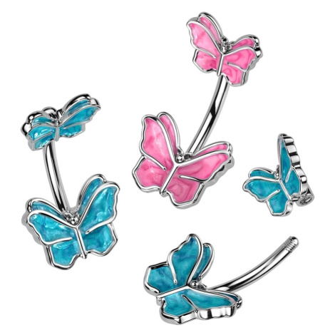 Piercing do břicha z oceli - motýl v růžové nebo modré barvě, pokovený rhodiem - Barva: Růžová Šperky eshop