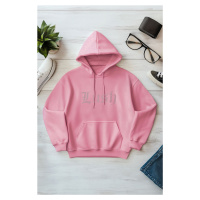 Trendyol Pink Thick Polar Fleece Hooded Slogan Printed Oversize/Wide Pattern Knitted Sweatshirt