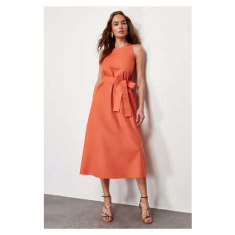 Trendyol Orange Belted 100% Cotton Poplin Pocket Midi Woven Dress
