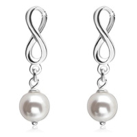 Stříbrné náušnice 925, lesklý symbol nekonečna, bílá kulatá perlička