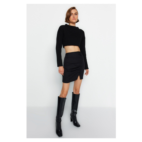Trendyol Black Gathered Front Ruffled Slit Detailed Mini Woven Skirt