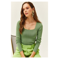 Olalook Women's Almond Green Square Neck Thick Ribbed Knitwear Blouse