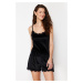 Trendyol Black Lace Detailed String Strap Velvet Knitted Pajama Set