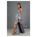 Carmen Indigo Printed Single Sleeve Slit Long Evening Dress