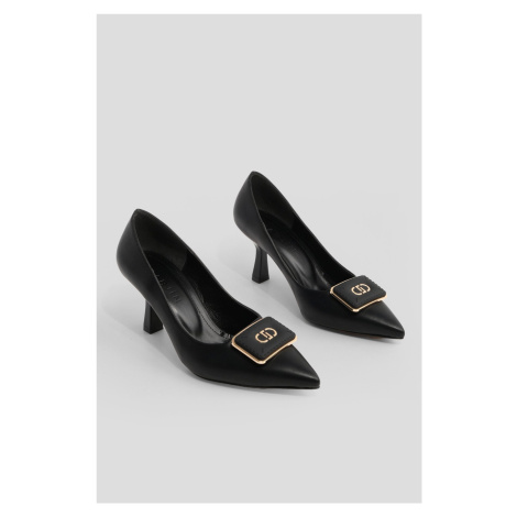 Marjin Women's Pointed Toe Buckle Thin Heel Classic Heel Shoes Elsem Black