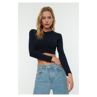 Trendyol Navy Blue Slim Shirring Detailed Crop, Stretchy Knitted Blouse