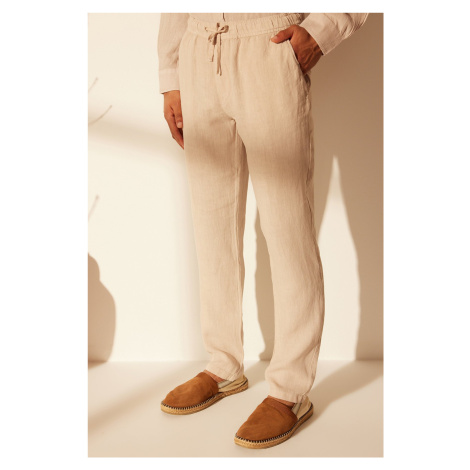 Trendyol Stone Limited Edition 100% Linen Straight Fit Elastic Waist Tied Trousers