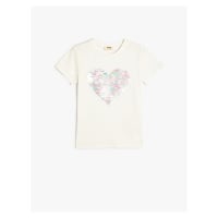 Koton T-Shirt Sequined Sequined Heart Crew Neck Cotton