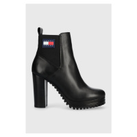 Kožené kotníkové boty Tommy Jeans TJW NEW ESS HIGH HEEL BOOT dámské, černá barva, na plochém pod