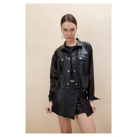 DEFACTO Oversize Fit Shirt Collar Faux Leather Long Sleeve Shirt