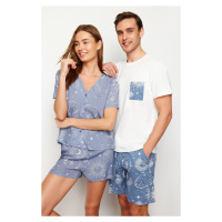 Trendyol Ecru Blue Printed Regular Fit Couple/Double Knitted Shorts Pajama Set