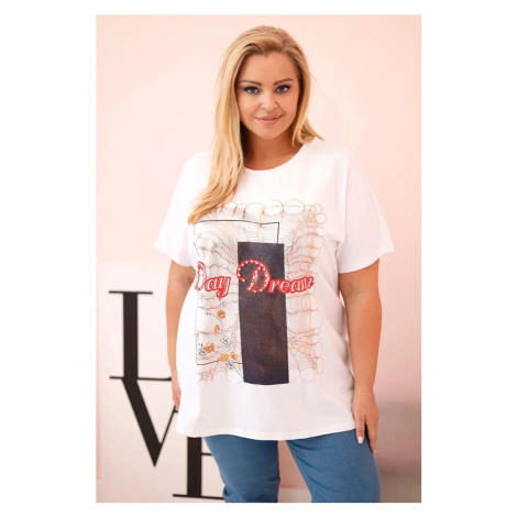 Dámská bavlněná halenka Plus Size s potiskem „Day Dream“ bílá + tmavě modrá