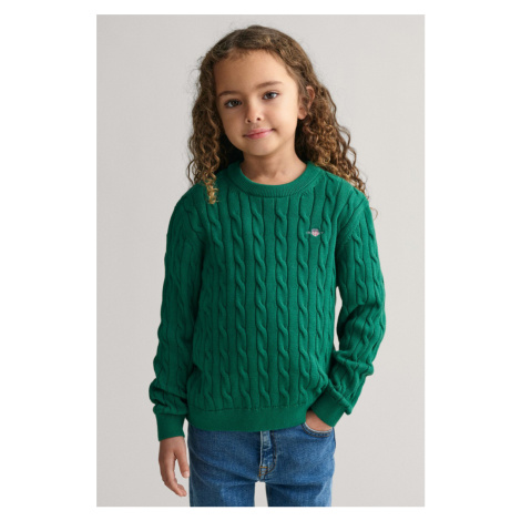 SVETR GANT COTTON CABLE SHIELD CREW WILD GREEN