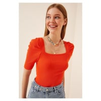 Happiness İstanbul Women's Orange Square Neck Ribbed Crop Blouse