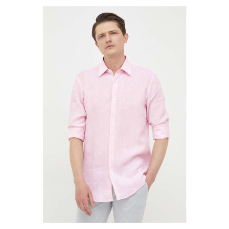 Plátěná košile BOSS růžová barva, slim, s klasickým límcem Hugo Boss