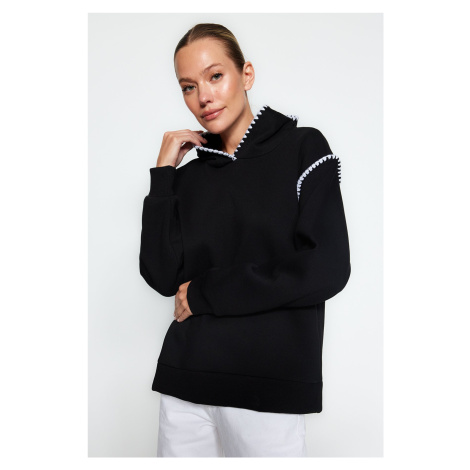Trendyol Black Crochet Detail Hooded Thick Fleece Inner Knitted Sweatshirt