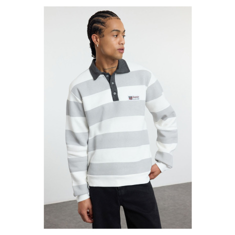 Trendyol Ecru Regular/Normal Cut Polo Collar Striped Polar Fleece Inside Cotton Sweatshirt