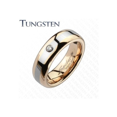 Wolframový prsten - zlato-růžový, sivý pruh, zirkon Šperky eshop