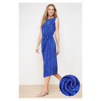 Trendyol Indigo Padded Belted Pleated Knitted Midi Dress