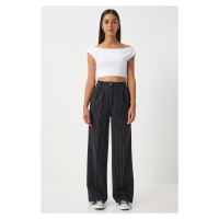 Happiness İstanbul Women's Black Thin Striped Masculine Palazzo Trousers