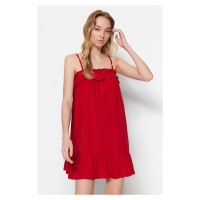 Trendyol Red Straight Cut Mini Woven Ruffle Detail Woven Dress