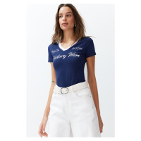 Trendyol Navy Blue Motto Printed V Neck Regular/Regular Fit Knitted T-Shirt