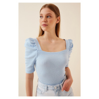Happiness İstanbul Women's Sky Blue Square Collar Corduroy Crop Blouse