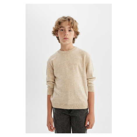 DEFACTO Boy's Ecru Crew Neck Basic Plain Knitwear Sweater