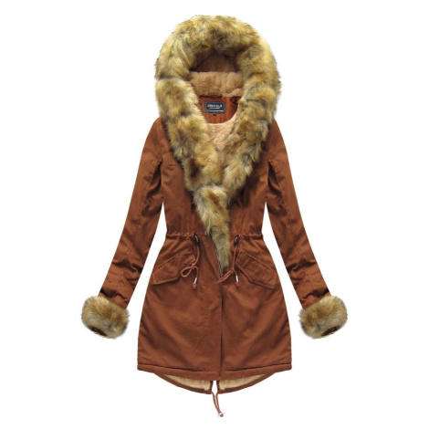 Bavlněná dámská zimní bunda "parka" v karamelové barvě s kožešinou (XW793X)