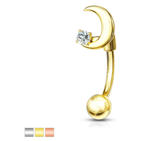 Ocelový piercing do obočí - půlměsíc s drobným kulatým krystalkem, vsazený do kotlíku - Barva: M Šperky eshop