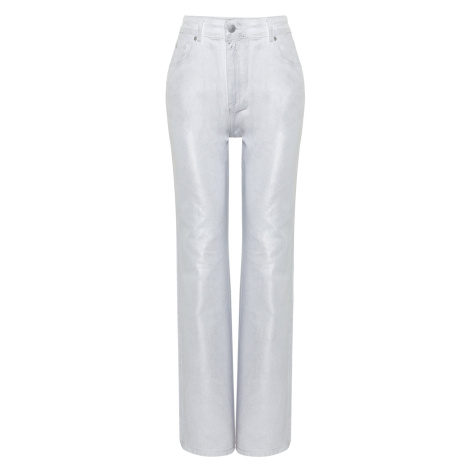 Trendyol White Shiny Metallic Printed High Waist Wide Leg Jeans