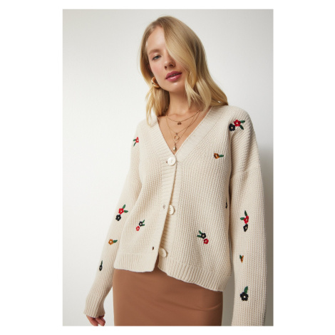 Happiness İstanbul Women's Cream Floral Embroidery Buttons Knitwear Cardigan