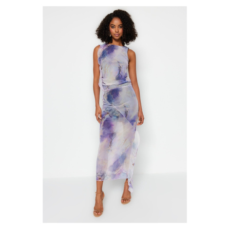 Trendyol Lilac Printed Tulle Slit Detailed Ruffled Midi Stretchy Knitted Skirt