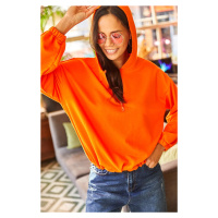 Olalook Women's Plain Orange Hooded Half Zipper Gathered Sweatshirt