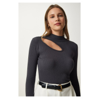 Happiness İstanbul Women's Anthracite Cut Out Detailed Ribbed Knitted Blouse