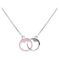 Stříbrný 925 náhrdelník - dva kroužky se srdíčkovitým výřezem, světle růžové zirkony
