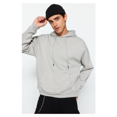 Trendyol Limited Edition Gray Oversize/Wide Cut Embroidered Fleece Hooded Sweatshirt