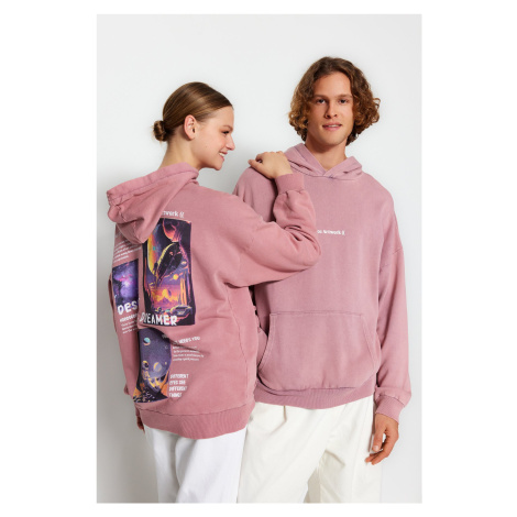 Trendyol Dried Rose Unisex Oversize/Wide Cut Pale Effect 100% Cotton Space Print Sweatshirt