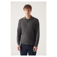 Avva Men's Anthracite Polo Neck Herringbone Patterned Cotton Regular Fit Knitwear Sweater