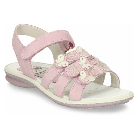 Růžové dívčí kožené sandály s motýlky a kvítky