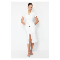 Trendyol Ecru Belted Pocket Gabardine Wide Fit Shirt Midi Woven Dress